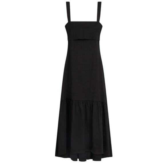 Theory Linen Blend Midi Ruffle Hem Dress Black Sz Small Resort Vacation Classic - Picture 3 of 16